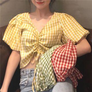 V-neck Check Short-sleeve Blouse