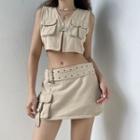 V-neck Crop Cargo Vest / Belt-accent Mini Skirt