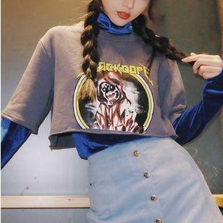 Set: Velvet Mock Neck Top + Short-sleeve Printed T-shirt