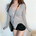 Side-slit Long-sleeve T-shirt Gray - One Size