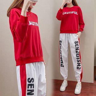 Lettering Sweatshirt / Contrast Trim Sweatpants / Set