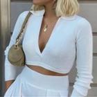 V-neck Collared Crop Knit Top
