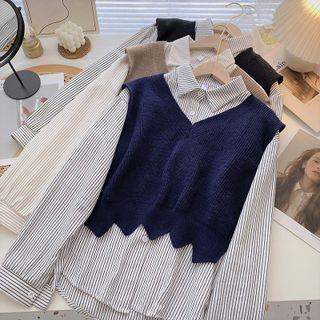 Mock Two-tone Panel Striped Knit Vest