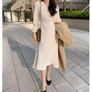 Long-sleeve V-neck Plain Midi Dress