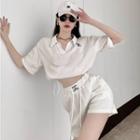 V-neck Collared Letter Embroidery Drawstring Crop Top / High Waist Drawstring Shorts White Set Of 2 - One Size