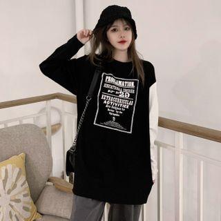 Long-sleeve Two-tone Print T-shirt As Shown In Figure - One Size
