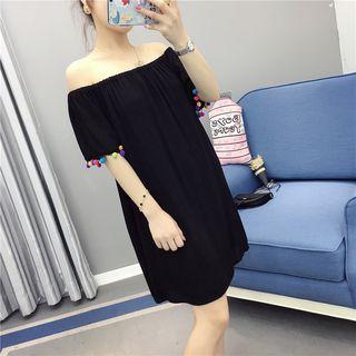 Pom Pom Off Shoulder Short Sleeve Dress