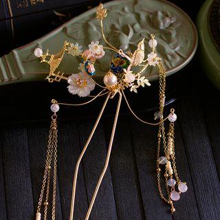 Wedding Retro Faux Pearl Flower Fringed Hair Stick Gold - One Size
