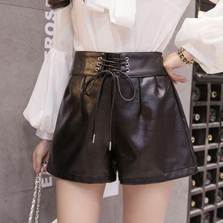 Lace-up Faux Leather Wide Leg Shorts
