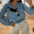 V-neck Dolphin Print Sweater