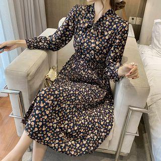 Long-sleeve Ditsy A-line Chiffon Dress