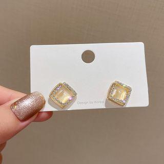 Square Cat Eye Stone Rhinestone Earring A099 - 1 Pair - 925 Silver - Gold - One Size
