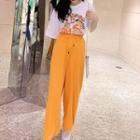 Set: Cartoon Print Short-sleeve T-shirt + High Waist Wide-leg Pants