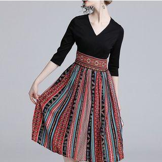 3/4-sleeve Pattern Panel Midi A-line Dress