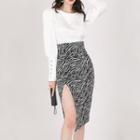 Set: Plain Blouse + Zebra Print Midi Pencil Skirt