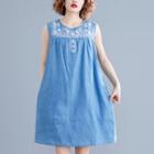 Sleeveless Embroidered Mini Denim Dress Light Blue - One Size