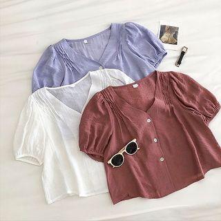 Plain Frilled V-neck Puff-sleeve Blouse