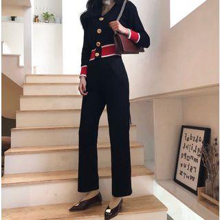 Set: Two Tone Knit Buttoned Top + Pants