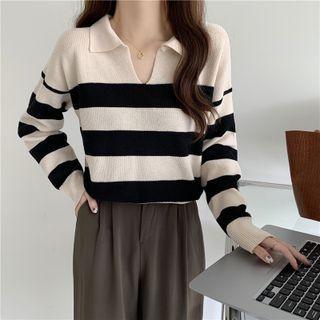 Lapel Striped Long-sleeve Knit Top