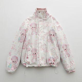 Turtleneck Printed Bear Faux Shearling Zip Oversize Jacket White - One Size