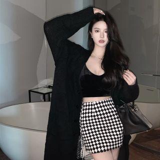 Velvet Crop Camisole Top / Argyle Print Pencil Skirt / Cardigan
