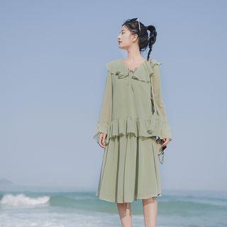 Ruffle Trim Long-sleeve Chiffon Top / Plain A-line Skirt