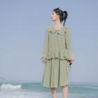 Ruffle Trim Long-sleeve Chiffon Top / Plain A-line Skirt