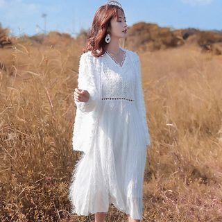 Fringed Long-sleeve Midi A-line Dress