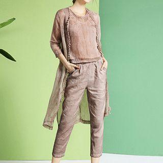 Set: 3/4 Sleeve Long Light Jacket + Tank Top + Cropped Pants