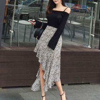 Set: Long-sleeve Cold Shoulder Top + Leopard Print Asymmetrical Skirt