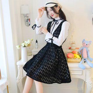 Set: Contrast Trim Blouse + Lace A-line Suspender Dress