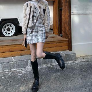 Spaghetti Strap Plaid Top / Mini Pencil Skirt / Fluffy Tie-front Jacket