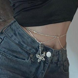 Rhinestone Butterfly Layered Chain Belt Silver - 114cm