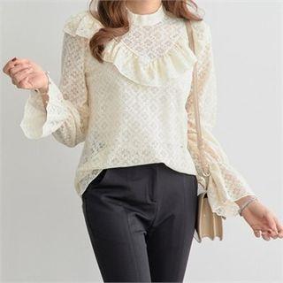 Flare-cuff Ruffle-trim Lace Blouse
