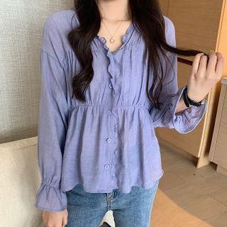 V-neck Ruffle Trim Blouse Purple - One Size