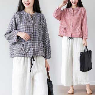Gingham Drawstring-waist Blouse