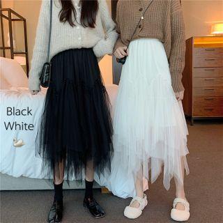 High-waist Asymmetric Pleated Sheer Skirt