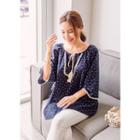 3/4-sleeve Lace-trim Tie-front Tasseled Pattern Top