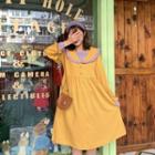 Collared Long-sleeve A-line Dress Yellow - One Size