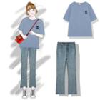 Embroidered Short-sleeve T-shirt / Boot Cut Jeans