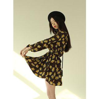 Elastic-waist Floral-pattern Dress With Sash
