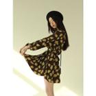 Elastic-waist Floral-pattern Dress With Sash