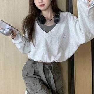 Mock Two-piece V-neck Cropped Sweatshirt Melange Gray - One Size