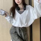 Mock Two-piece V-neck Cropped Sweatshirt Melange Gray - One Size