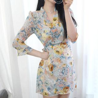 Floral Pattern Chiffon Surplice-wrap Dress