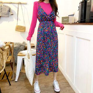 Wrap-front Floral Long Pinafore Dress