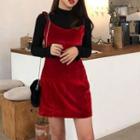 Mock-neck Long-sleeve Top / Velvet Spaghetti Strap Dress