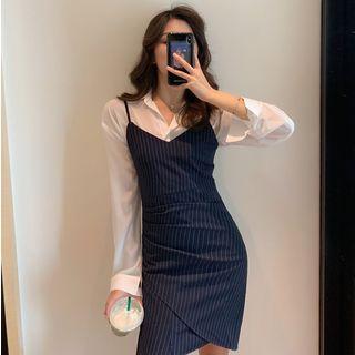 Plain Light Shirt / Striped Sleeveless Dress