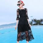 Set: Lace Elbow-sleeve Midi A-line Dress + Slipdress