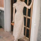 Short-sleeve Cutout Floral Sheath Dress